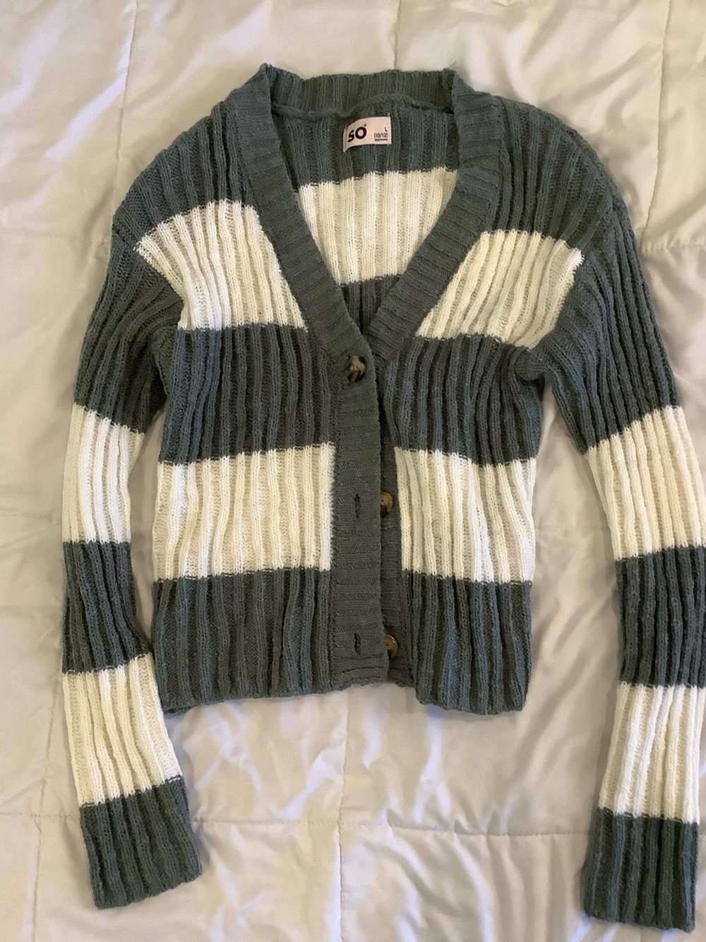 SO Ribbed Striped Button Cardigan - Sage & White